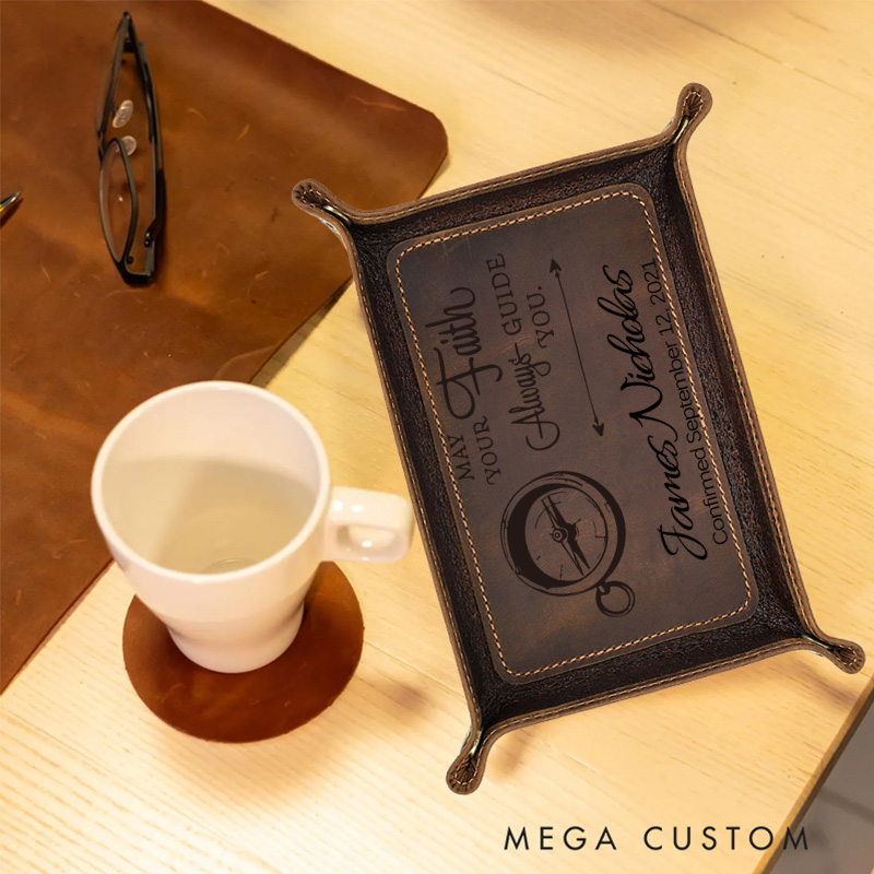 Personalized Compass Retro Crazy Horse Leather Tray with Name and Date Confirmation Gift Christening Religious Gift for Christian