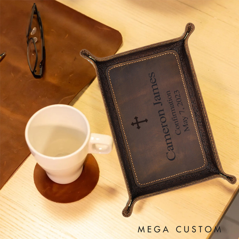 Personalized Confirmation Cross Retro Crazy Horse Leather Tray with Name and Date Confirmation Gift Christening Religious Gift for Christian