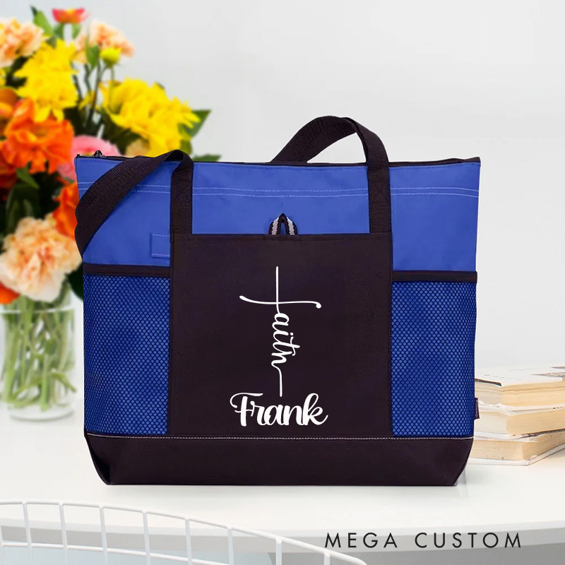 Personalized Faith Cross Tote Bag with Name and Zipper Large Capacity Religious Accessory Gift for Christian Religious Christian Gifts 