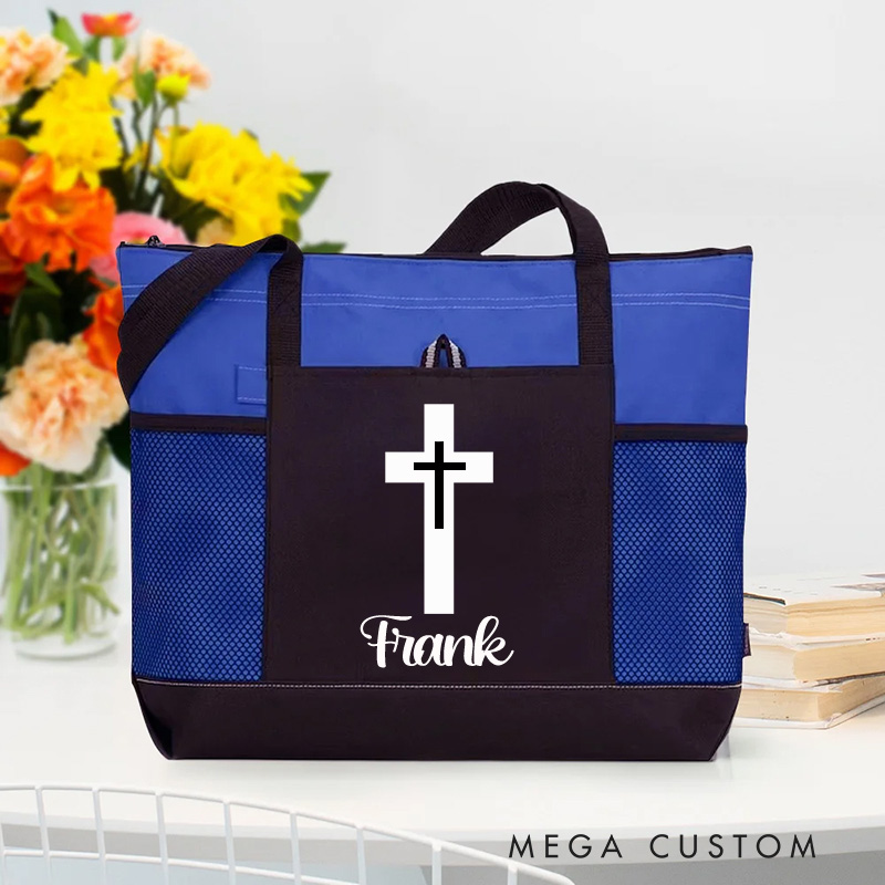 Personalized Cross Tote Bag with Name and Zipper Large Capacity Religious Accessory Gift for Christian Religious Christian Gifts 