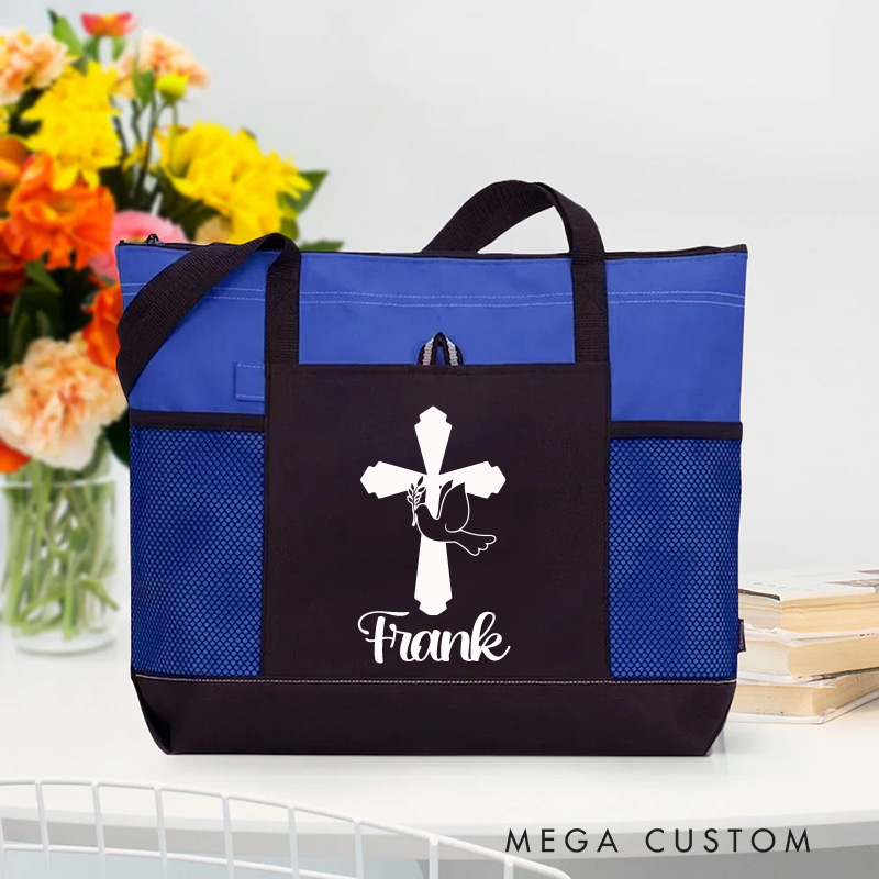 Personalized Cross Dove Tote Bag with Name and Zipper Large Capacity Religious Accessory Gift for Christian Religious Christian Gifts 
