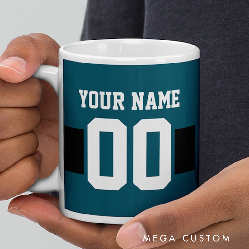 Personalized Football Mug Featuring Custom Team Name Player Name and Jersey Number Design Perfect for Sports Fans and Enthusiasts