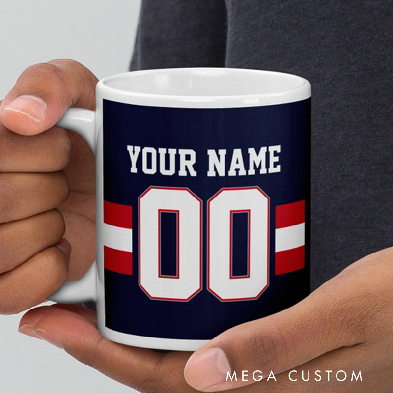 Personalized Football Themed Mug with Custom Team Name Player Name and Jersey Number Design