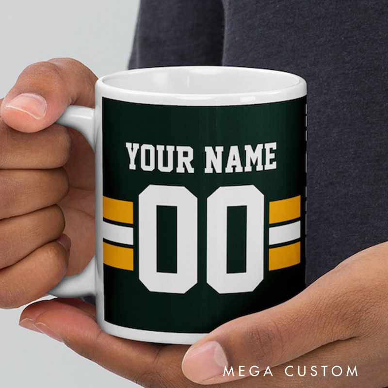 Personalized Football Themed Mug with Customizable Team Name Player Name and Jersey Number Perfect for Sports Fans and Players