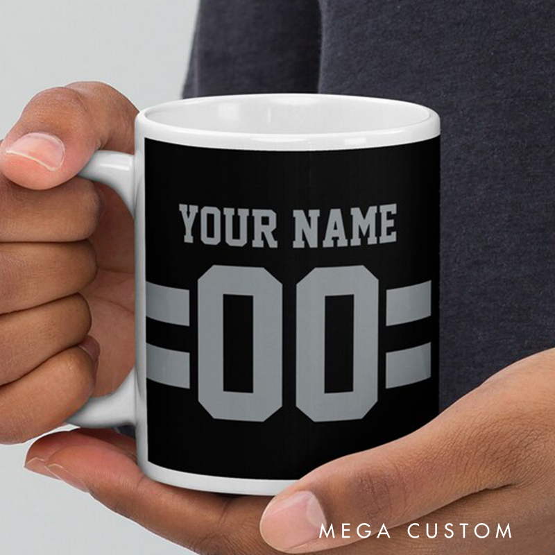 Personalized Football Mug with Customizable Team Name Player Name and Jersey Number Design in Sleek Black Style