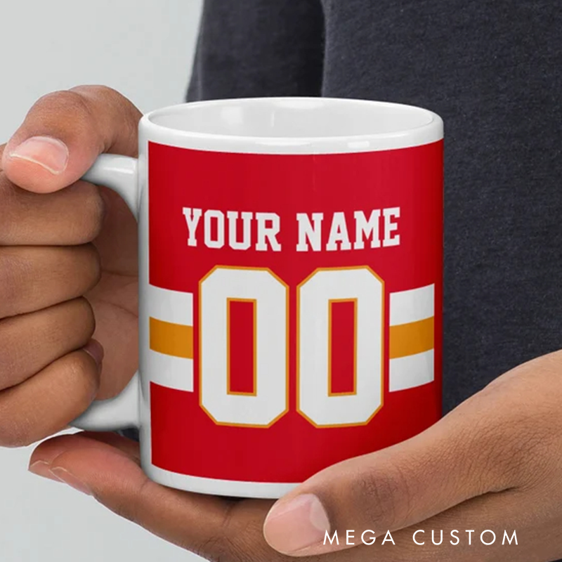 Personalized Football Mug with Custom Team Name Player Name and Jersey Number Featuring a Bold Red Design Perfect for Fans and Enthusiasts