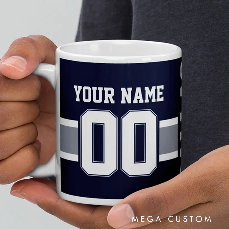 Personalized Football Mug with Customizable Team Name Player Name and Jersey Number in Classic Navy Blue Design