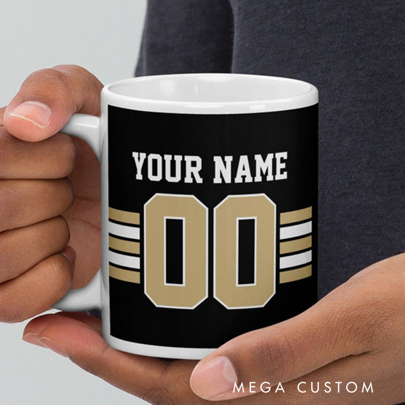 Personalized Football Mug with Customizable Team Name Player Name and Jersey Number in Sleek Black and Gold Design