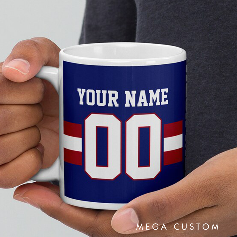 Personalized Football Mug with Customizable Team Name Player Name and Jersey Number in Bold Blue and Red Design