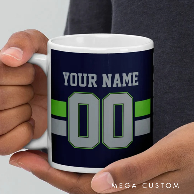 Personalized Football Mug with Customizable Team Name Player Name and Jersey Number in Navy Blue and Neon Green Design