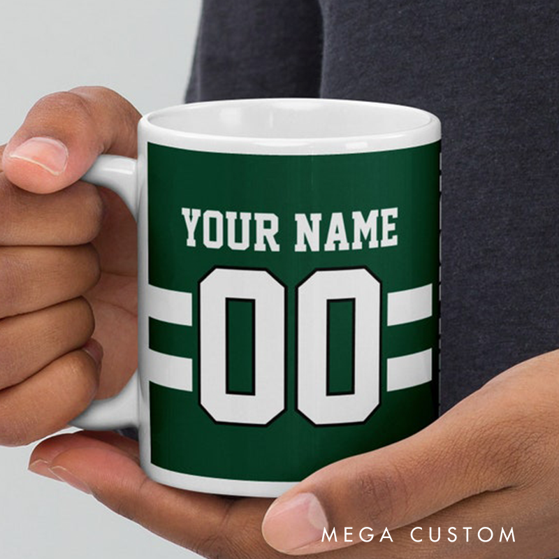 Personalized Football Mug with Customizable Team Name Player Name and Jersey Number in Classic Green and White Design