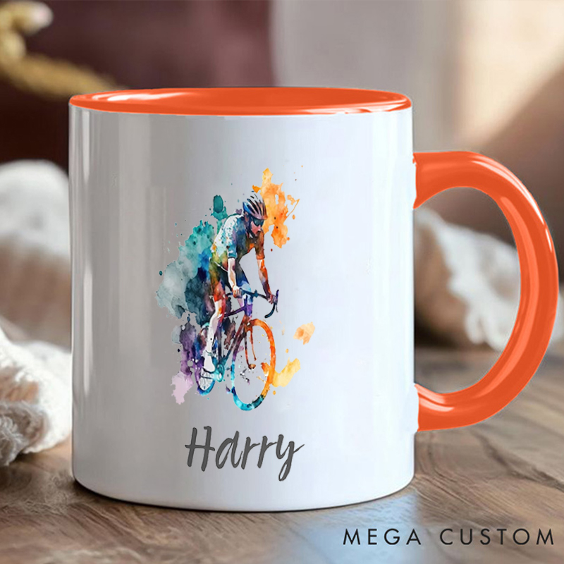 Personalized Watercolor Cyclist Coffee Cup Mug with Art for Outdoor Adventures Riding Cycling Biking Enthusiasts
