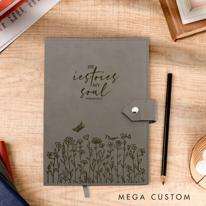 Personalized He Restores My Soul Flowers Journal for Women Leather Prayer Notebook with Name Gratitude Journal Christian Gifts for Women