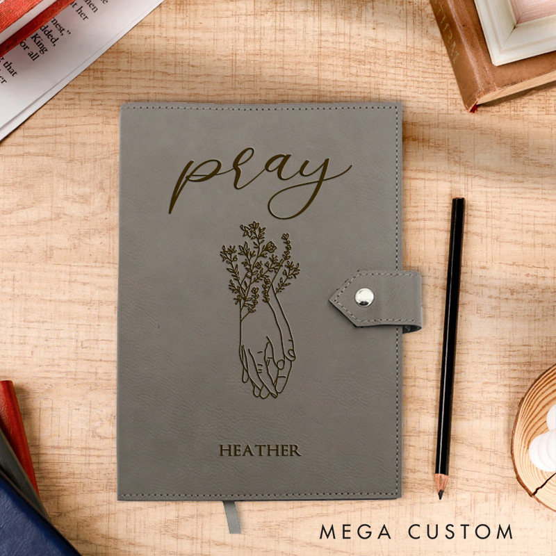 Personalized Floral Gesture Pray Journal Leather Notebook with Name Religious Bible Verse Journal Christian Gift for Women Men Religious Gift