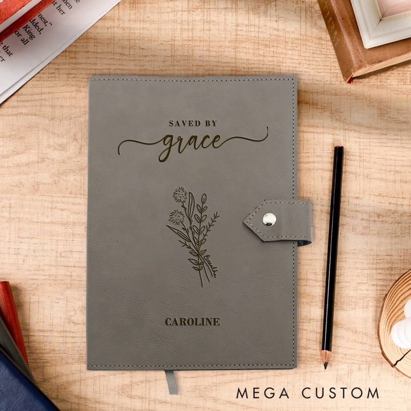 Personalized Saved by Grace Prayer Journal Leather Notebook with Name Religious Bible Verse Journal Christian Gift for Women Men Religious Gift