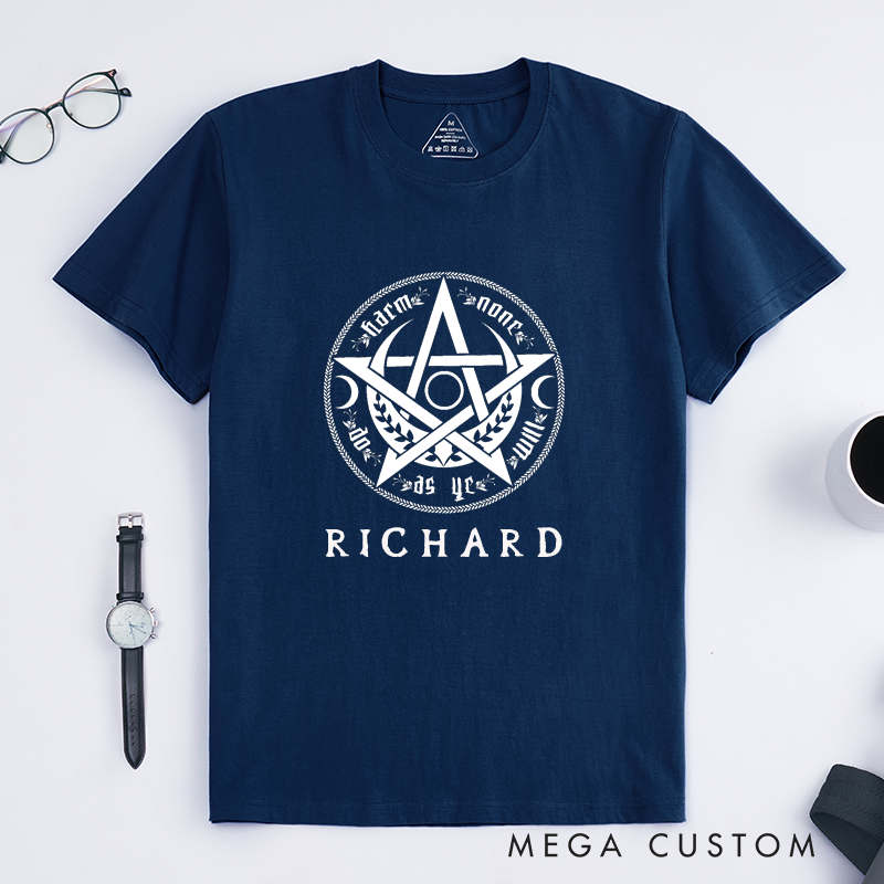 Personalized Wiccan Pentagram T Shirt Classic Witchcraft Protection Symbol Gift for Men and Women Spiritual Pagan Clothing Custom Name Present