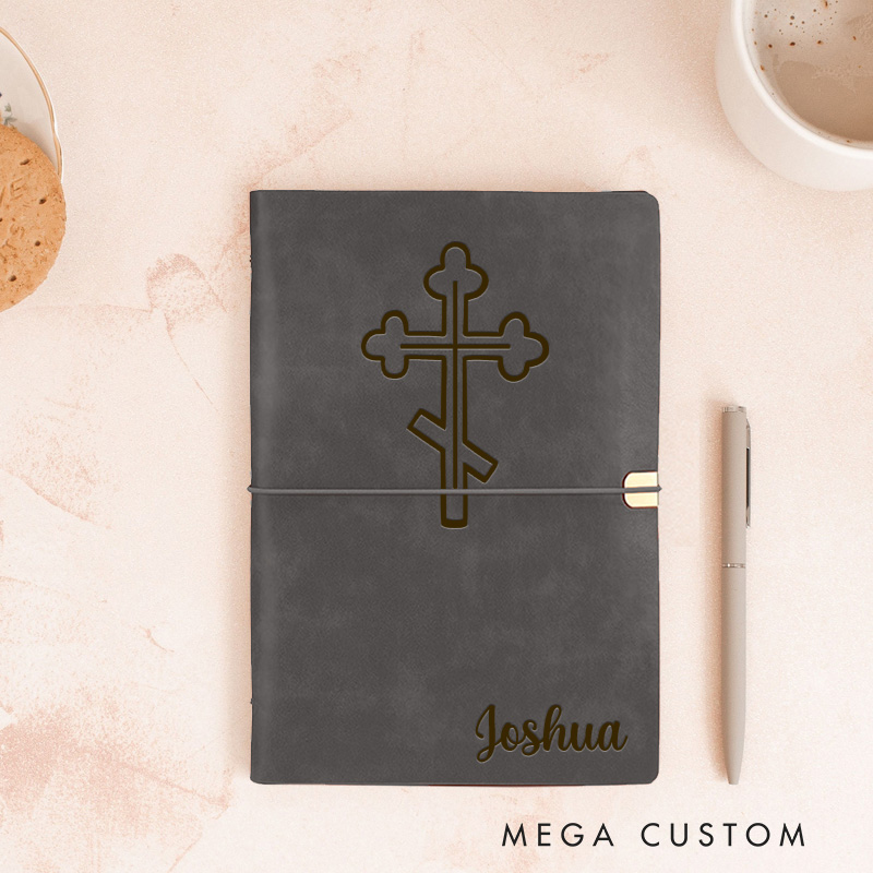 Personalized Triple-Bar Cross Prayer Journal Leather A6 Orthodox Prayer Notebook with Name Custom Nativity Lent Journal Religious Gift Baptism Gift