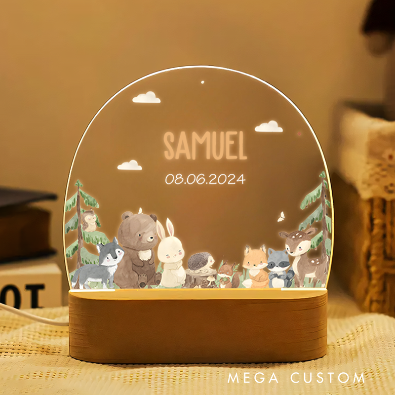 Personalized Night Lamp Made of Acrylic Forest Animals Baby Gift Birth Baby Shower Gift