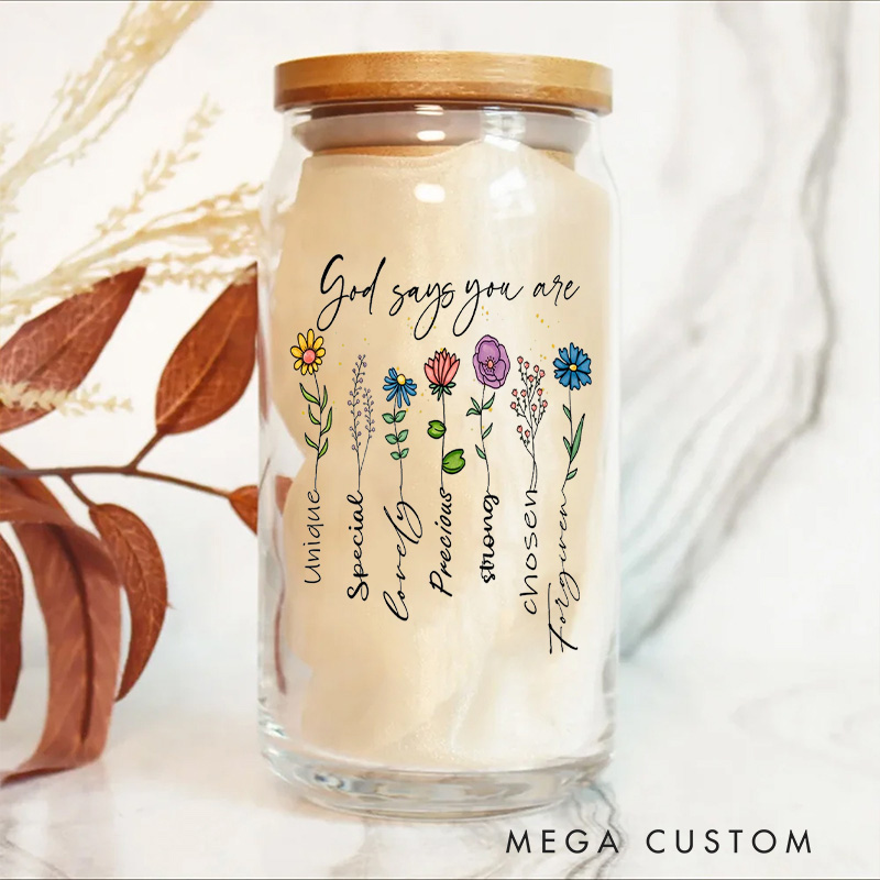 Personalized Wild Flower Glass Coffee Cup with Name Custom Christian Faith Birth Flower Tumbler Party Favor Gift for Women Girls Trip Gift for Her