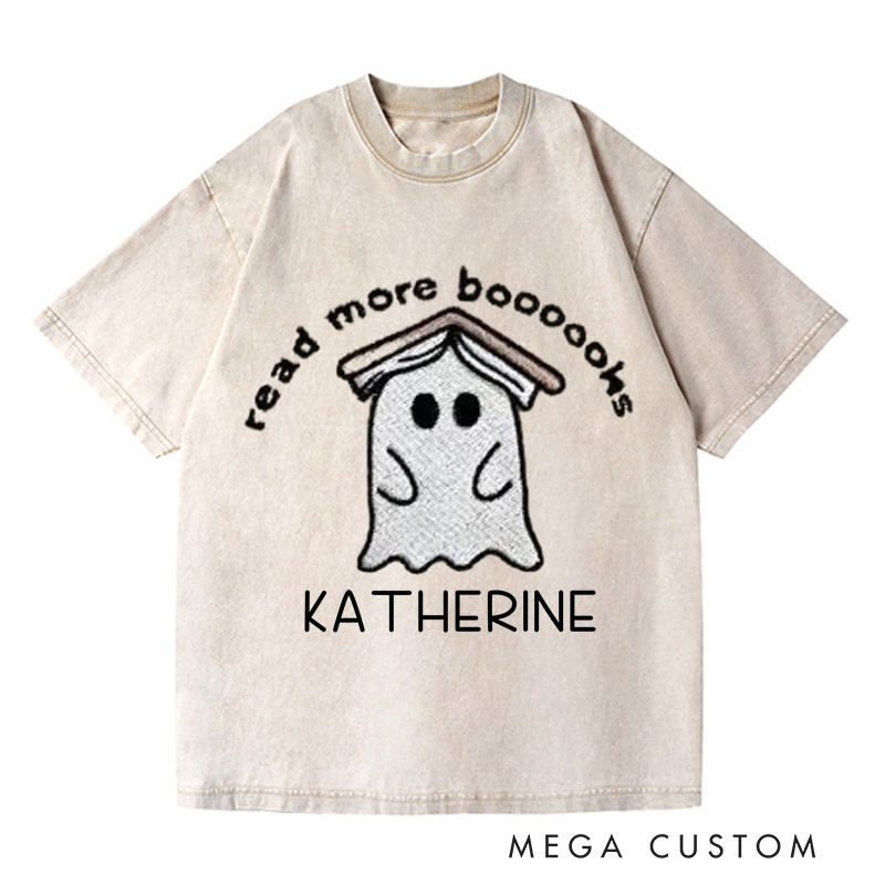 Personalized Ghost Book Washed T-Shirts Fall Spooky Season Tshirt Book Lover Shirt Cute Reading Ghost Shirt Halloween Gift Bookish-Librarian Gift