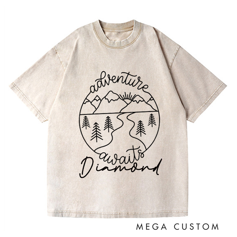 Personalized Adventure Awaits Travel Washed T-Shirts Mountain Shirt  with Name Tshirt Vacation Shirt Trip Lover Shirt Traveler Gift