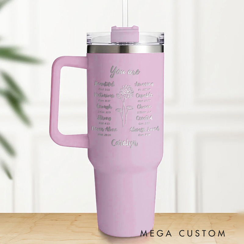 Personalized Birth Flower Bible Verse 40oz Insulated Tumbler with Name and Straw Christmas Gift for Women Christian Birthday Gift for Her