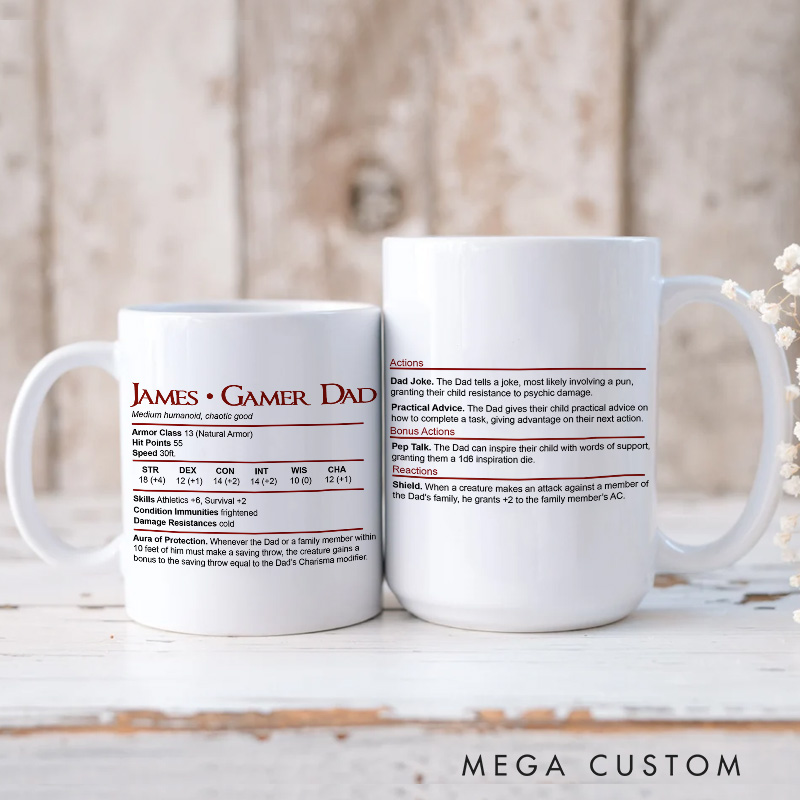 Personalized DnD Dad Mug DnD Stat Block Mug Dungeons & Dragons Coffee Mug Father's Day Gift