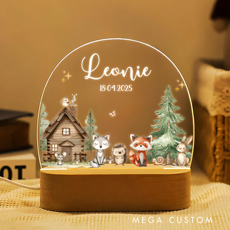 Personalized Cozy Woodland Cottage with Cute Forest Animals and Pine Tree for a Magical and Whimsical Night Lamp