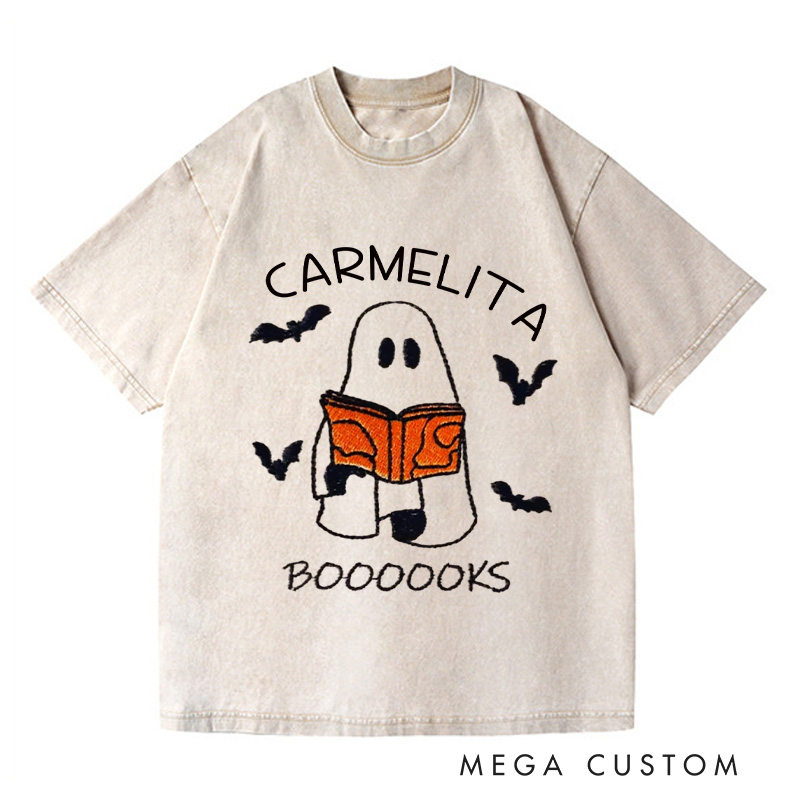 Personalized Booooks Washed T-Shirts Librarian Shirt Halloween Book Shirt Ghost Reading Shirt Reading Halloween Gift for Book Lover Shirt