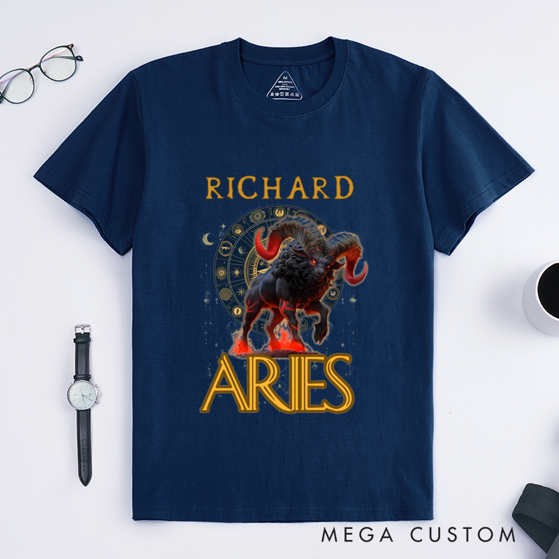 Personalized Aries Zodiac Sign Classic T-Shirts Custom Ram Astrology Birthday Gift for Men and Women Unique Horoscope Tee Present 