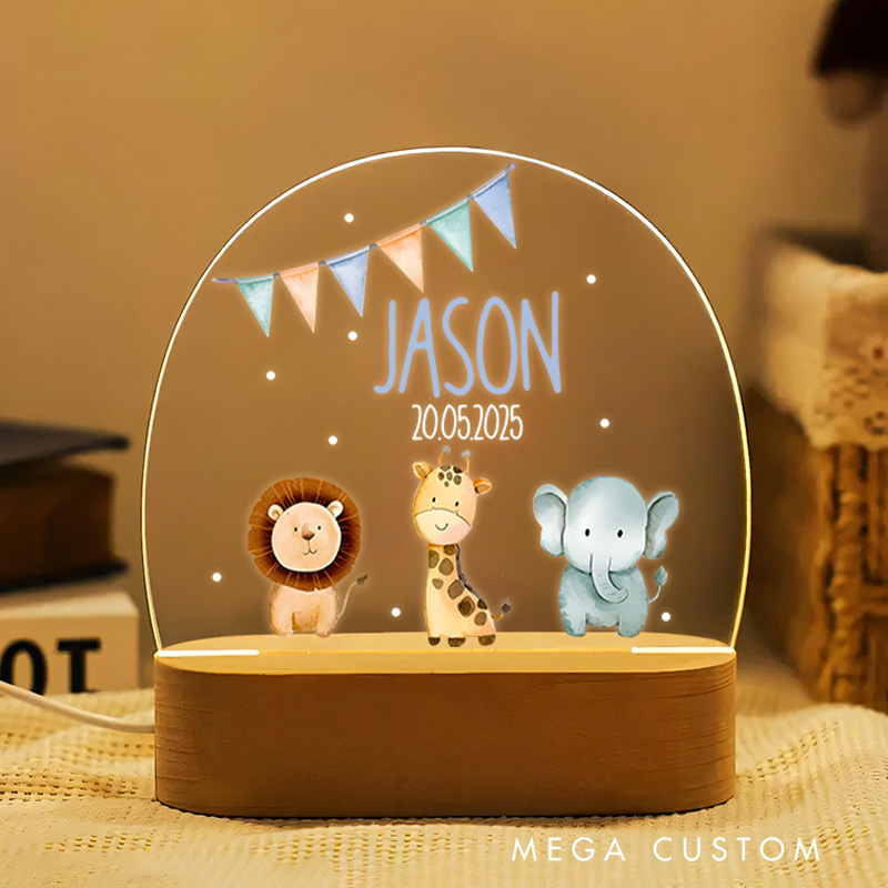 Personalized Cute Safari Animals with Festive Bunting and Gentle Starry Accents for a Joyful and Cheerful Night Lamp