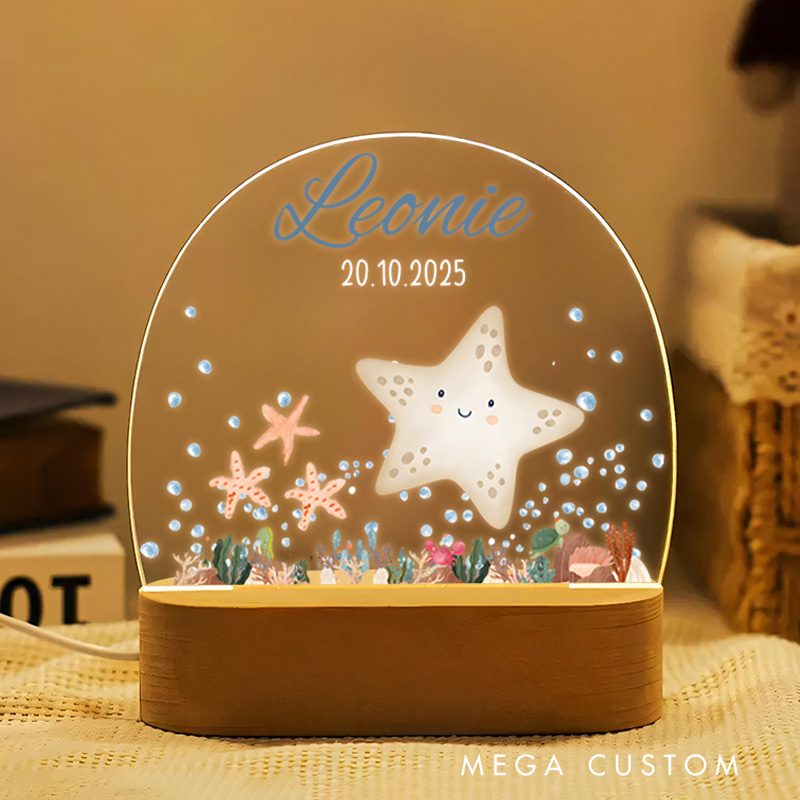 Personalized Smiling Starfish with Colorful Coral Reef and Bubbles Creating a Delightful Underwater Scene Night Lamp