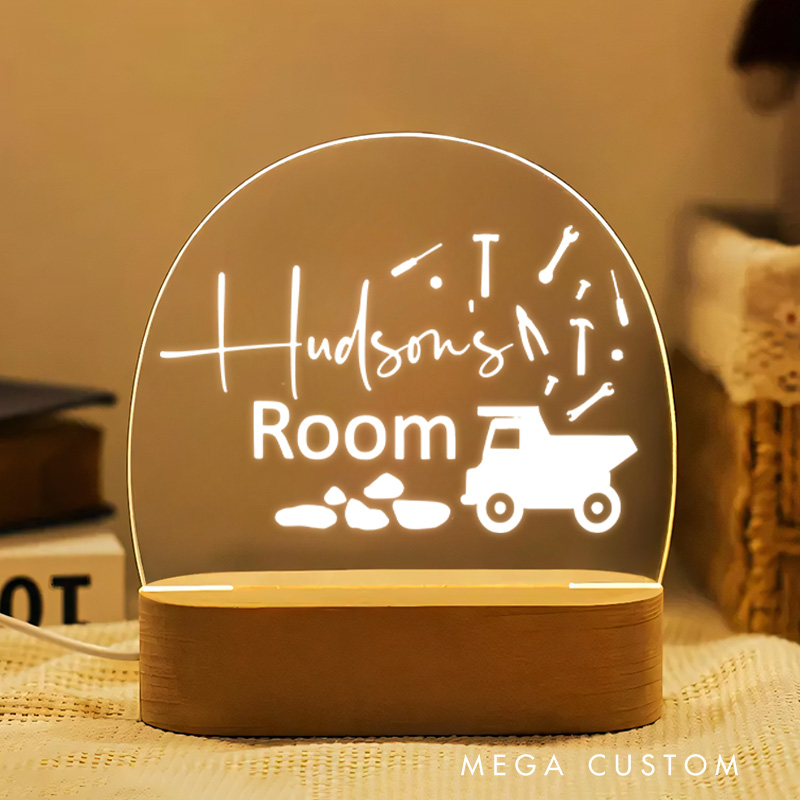 Personalized Construction Theme with Dump Truck Tools and Playful Details for a Fun and Energetic Kids Room Night Lamp