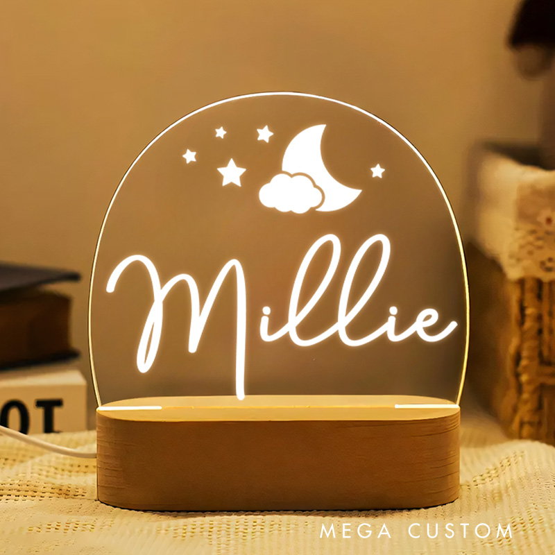 Personalized Gentle Moon and Stars with Soft Cloud Accents Creating a Calm and Dreamy Atmosphere Night Lamp