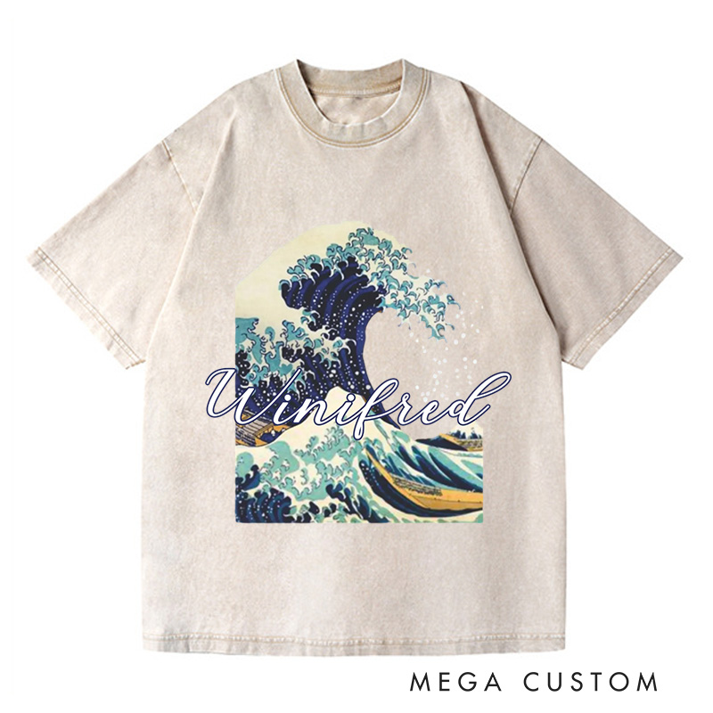 Personalized Giant Wave Washed T-Shirts Artistic Shirts Vacation Tee Customized Name Shirt Gift For Traveler