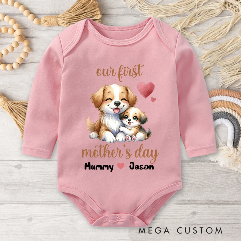 Personalized Cute Animal Mom Hugs Baby Baby Bodysuit with Names First Mother's Day Gift for Newborn New Mom