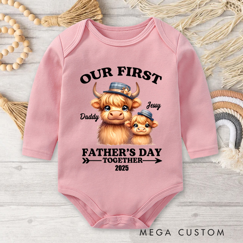 Personalized Highland Cow Dad and Baby Illustration for Our First Father's Day Together Baby Bodysuit