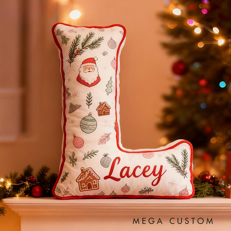 Personalized Christmas Letter Pillow Graphic 3D Print Custom Name Festive Decor with Santa Gingerbread Ornaments Design Soft Home Accent