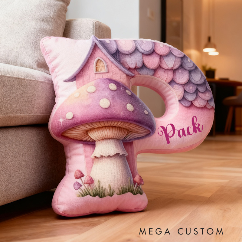 Personalized 26 Letter Housewarming Pillow Graphic 3D Print Custom Name Cozy Home Decor with Enchanting Mushroom House Design Soft Accent Cushion