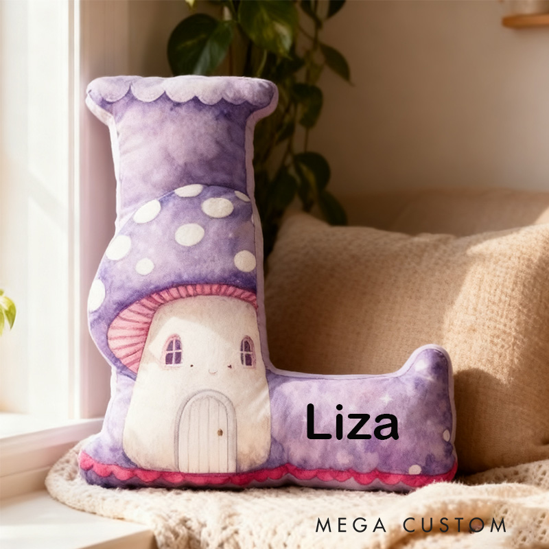 Personalized 26 Letter Pillow Graphic 3D Print Custom Name Cozy Home Decor with Charming Purple Mushroom House Design Housewarming Pillow Gift