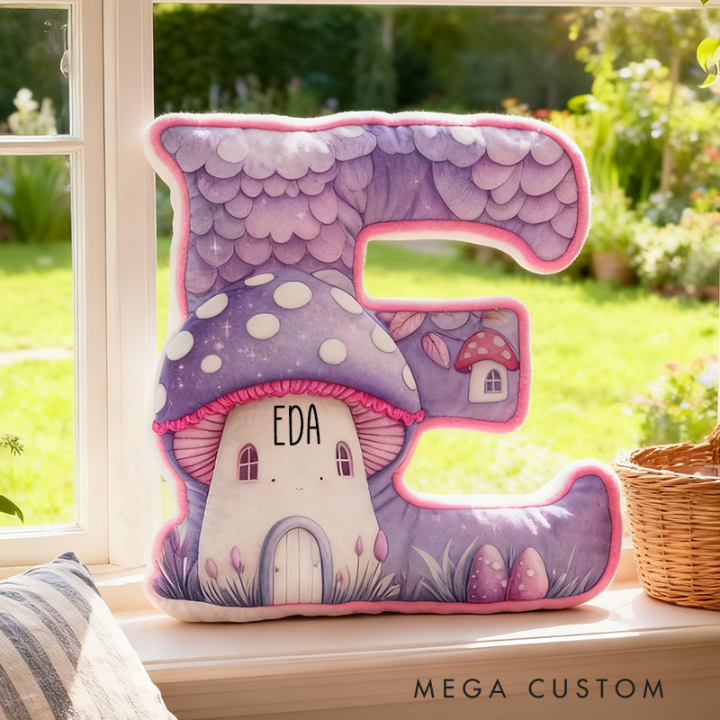 Personalized 26 Letter Pillow Purple Mushroom House Housewarming Pillow Graphic 3D Print Custom Name Cozy Home Decor Soft Accent Cushion
