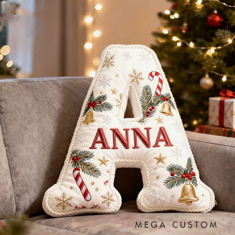 Personalized Christmas Letter Pillow Festive Holiday Decor Candy Cane and Bell Graphic 3D Print Cozy Custom Cushion for Living Room Soft Decorative White