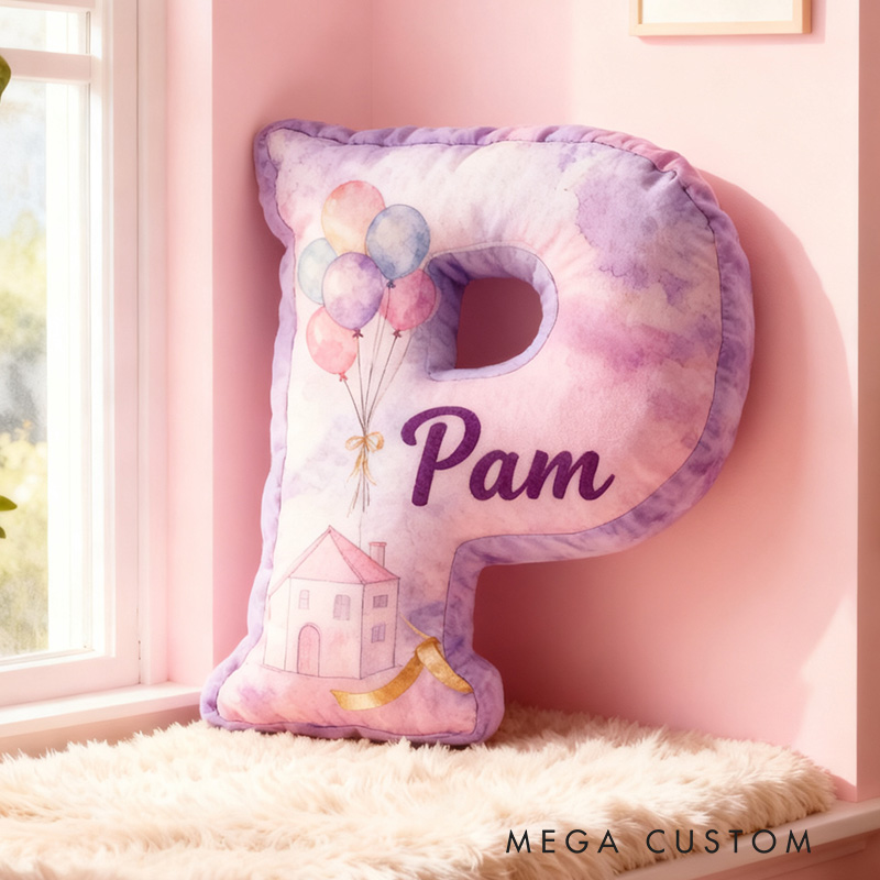 Personalized Purple Letter PillowHousewarming Pillow Graphic 3D Print Custom Name Cozy Home Decor with Dreamy Balloon House Design Soft Accent Cushion