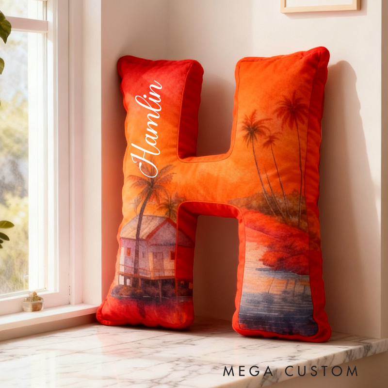 Personalized Letter Pillow Graphic 3D Print Custom Name Cozy Home Decor with Tropical Sunset Beach Design Soft Accent Cushion Housewarming Gift