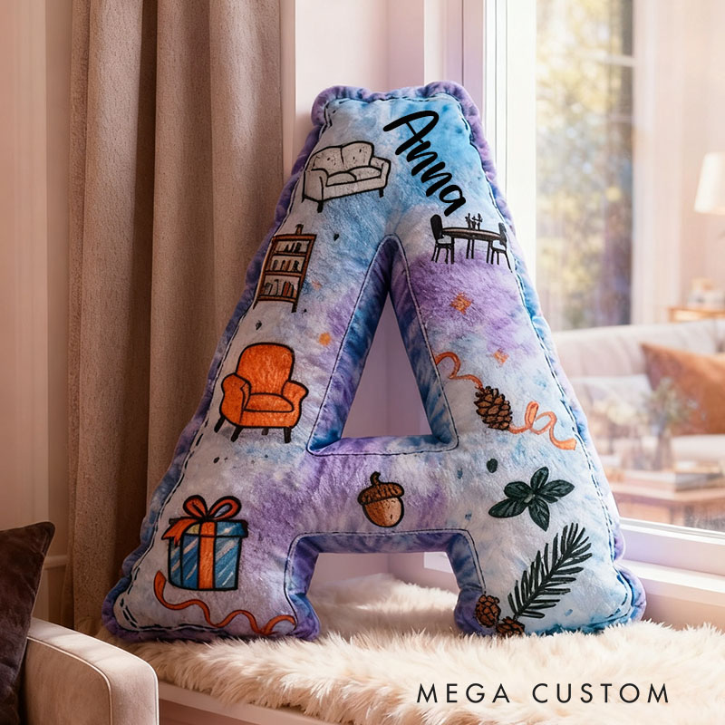 Personalized Letter Pillow Custom Name Cozy Home Decor with Playful Home Elements Design Soft Accent Cushion Graphic 3D Print 