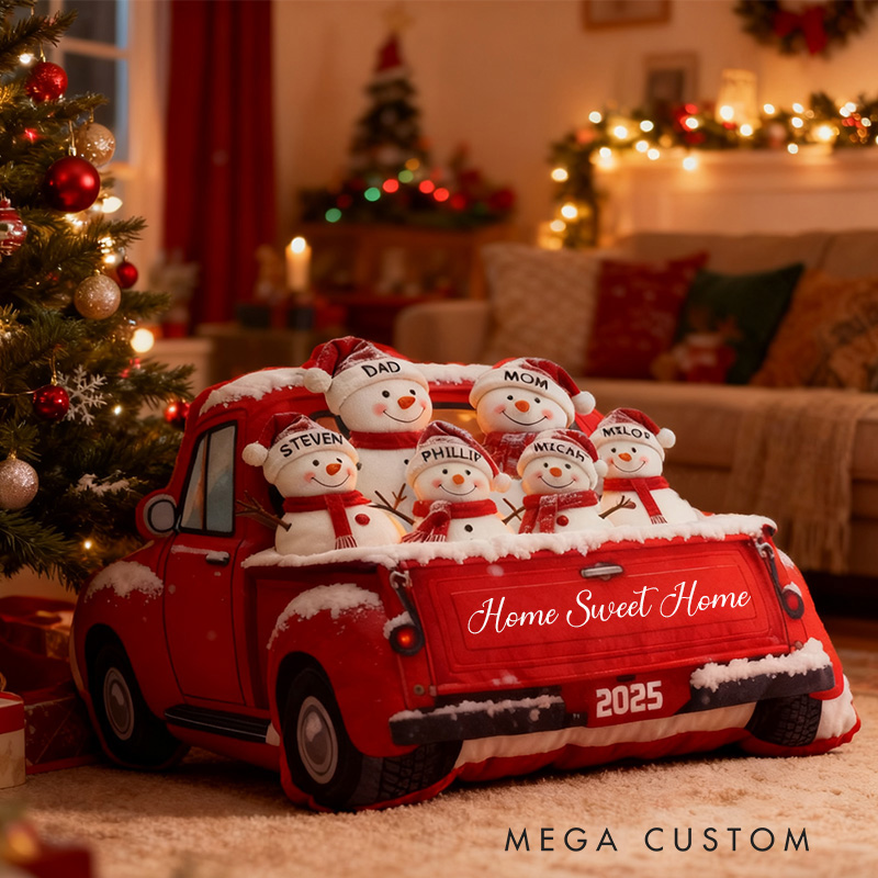 Personalized Holiday Pillow Graphic 3D Print Custom Family Names Cozy Christmas Decor with Festive Truck and Snowman Design Soft Accent Cushion