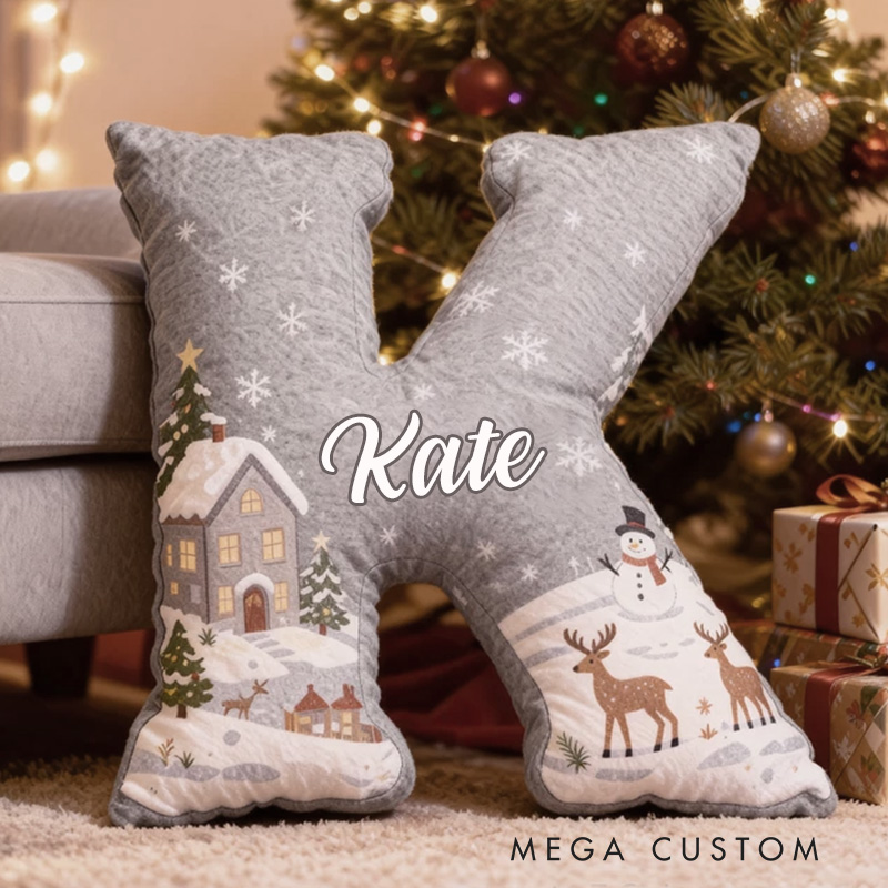 Personalized Christmas Gray Letter Pillow Graphic 3D Print Custom Name Cozy Holiday Decor with Winter Scene Snowman and Deer Design Soft Christmas Gift