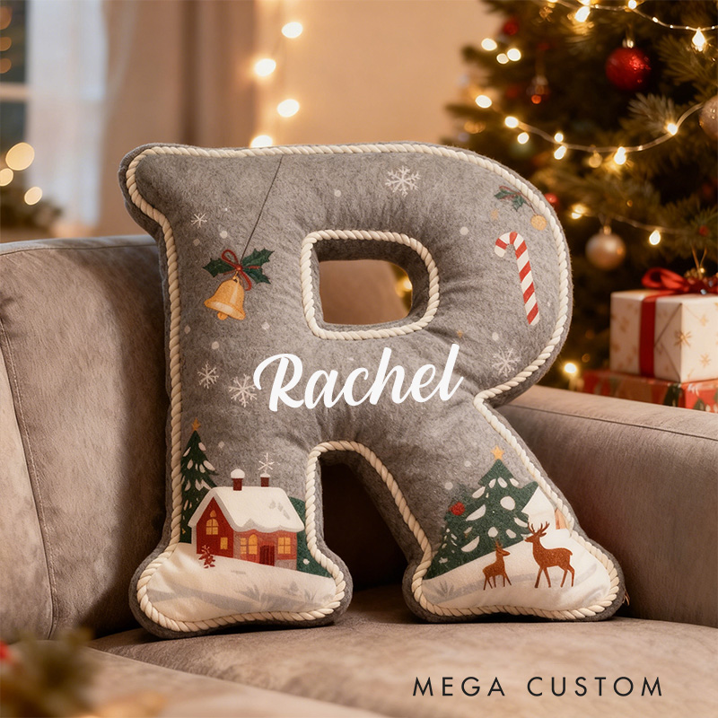 Personalized Christmas Letter Pillow Graphic 3D Print Custom Name Cozy Holiday Decor with Festive Winter Scene Candy Cane and Deer Design