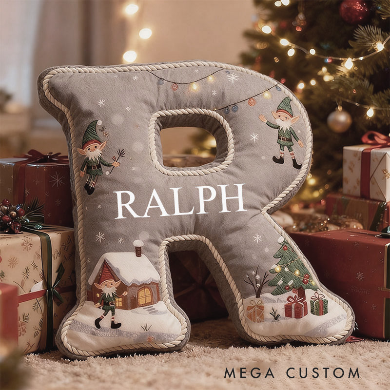 Personalized Gray Christmas Pillow Graphic 3D Print Custom Name Cozy Holiday Decor with Festive Elf and Christmas Tree Design Cushion Perfect Gift