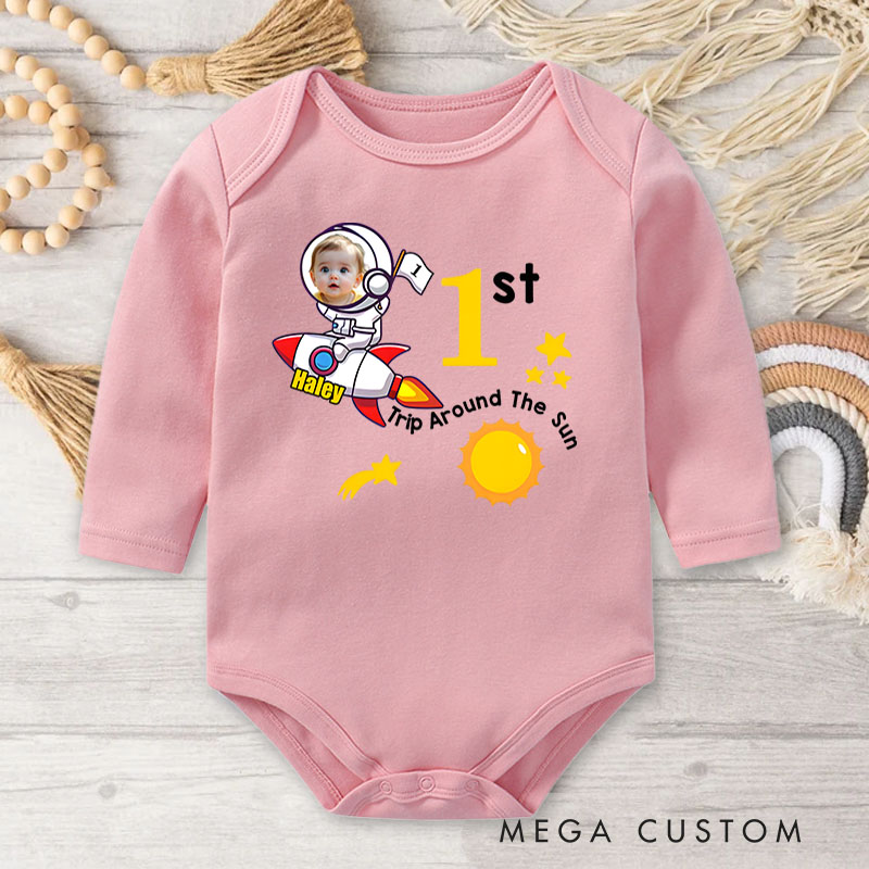 Personalized Baby Photo Rocket and Star Design for Birthday Celebration Baby Bodysuit